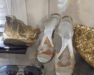 Women's evening shoes and clutch bags, silver heels, snakeskin, gold metallic