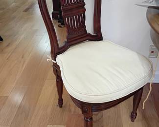 Cherry wood dining chair, white upholstered seat, traditional slat back, accent chair