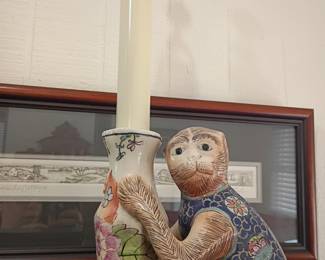 Ceramic monkey candle holder figurine, colorful painted, decorative candlestick