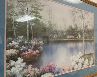 Framed garden landscape print, flowers and trees, gold ornate frame