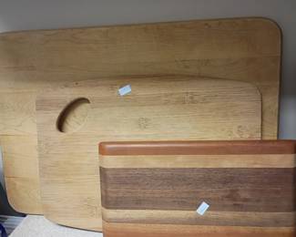 Wooden cutting boards lot, wood bread box storage container, butcher block carving board, vintage kitchen wood accessories, serving boards