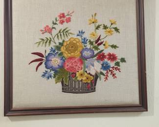 Framed crewel embroidery floral basket, handmade needlework