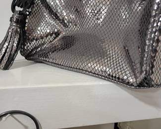 Silver metallic clutch purse, snakeskin embossed handbag, tassel zipper pull, evening bag