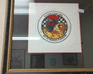 Framed signed rooster hen print, To Crow Is One Thing, numbered art, chicken folk art