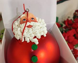 Large red Santa Claus face Christmas ornament, oversized ball ornament, curly beard, holiday tree decor