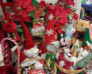 Christmas decorations lot, stockings poinsettias ornaments, holiday decor basket, teddy bear snowflakes