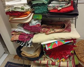 Linens lot, tablecloths napkins fabric, vintage textiles, kitchen towels, holiday table linens collection