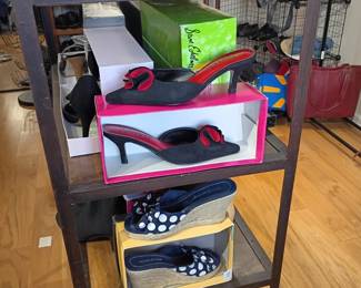 Women's shoes lot, red high heels pumps, polka dot flats, shoe rack collection, assorted ladies footwear, handbags accessories