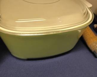 Vintage yellow covered casserole dish with lid, Pyrex style bakeware, retro kitchen cookware