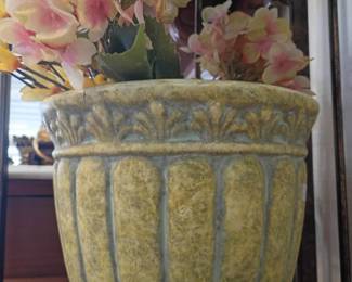 Large ceramic garden urn planter with acanthus leaf design, faux flowers