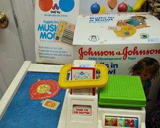 Vintage children's toys lot, retro baby toys games, building blocks music box, Johnson and Johnson first aid kit, kids toy collection