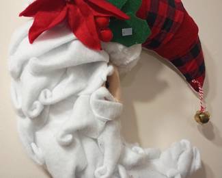 Christmas Santa beard door hanger wreath, red poinsettia plaid fabric, jingle bells, holiday front door decor