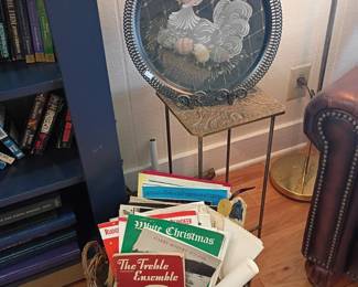 Decorative plate with Victorian lady, Christmas books basket, magazine rack, holiday decor lot