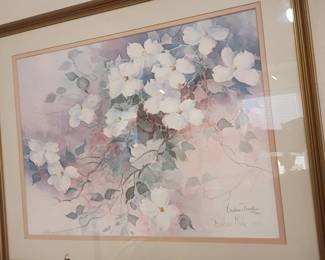 Framed floral watercolor print, white dogwood blossoms, signed, wood frame
