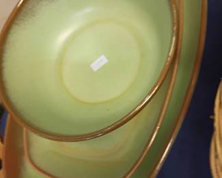 Green ceramic bowls with gold trim, vintage dinnerware, mid century serving dishes