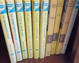 Vintage Nancy Drew Hardy Boys style mystery books lot, yellow spine hardcover book series, classic children's chapter books collection