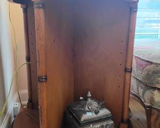 Round wooden drum table end table with cabinet door, silver ornate trinket jewelry box, vintage accent furniture, storage side table