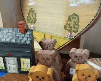 Bear cookie jar canisters set, wooden heart wall plaque, miniature house figurine, country cottage decor lot, folk art