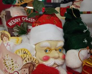 Christmas decorations lot, Santa Claus figures, reindeer, Merry Christmas sign, holiday collectibles