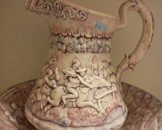 Vintage ceramic pitcher and wash basin set, ornate floral relief, Victorian style