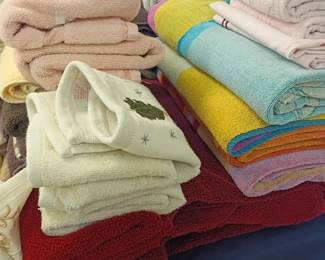 Towels blankets linens lot, bath towels hand towels, colorful striped blanket, vintage textile linen closet cleanout, bedding fabric lot