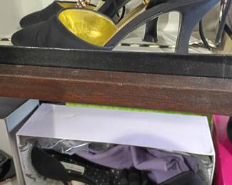 Women's shoes lot, black heels sandals embellished dressy shoes, studded strappy heels in boxes, ladies formal evening footwear collection