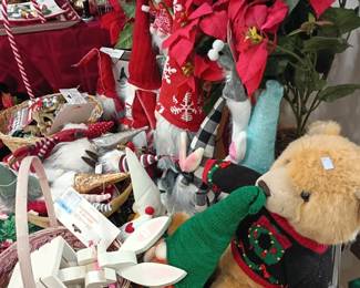 Christmas decor lot, elf teddy bear candy canes, poinsettia picks, holiday figurines, festive decorations