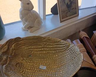 Ceramic white rabbit bunny figurine, woven wicker basket tray, framed artwork print, vintage Easter spring decor, cottage home accents