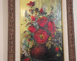Framed oil painting red poppies floral still life, ornate carved frame