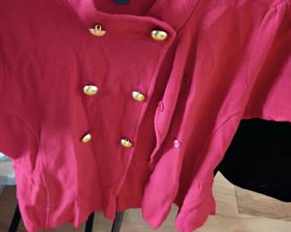 Red blazer jacket with gold buttons, women's clothing, classic style