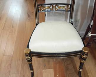 Black lacquer accent chair, cream upholstered seat, decorative back, vintage dining chair
