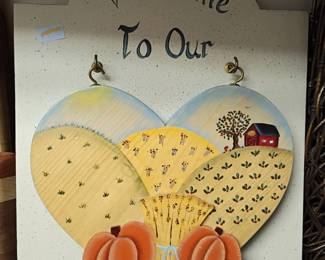 Welcome To Our Home wall plaque, country folk art sign, pumpkin farmhouse decor, hand painted wood heart, rustic wall hanging