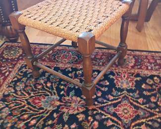 Cane seat wooden stool, woven rush top, vintage side table, oriental rug