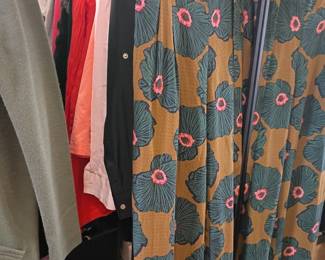 Women's clothing lot, teal green animal print dress pajamas, hanging wardrobe, vintage ladies apparel, closet cleanout clothing