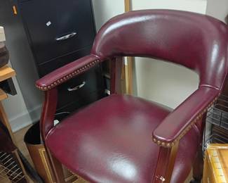 Burgundy leather office chair, nailhead trim, wooden arms, vintage executive desk chair