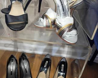 Women's high heel shoes lot, black platform pumps, silver metallic heels