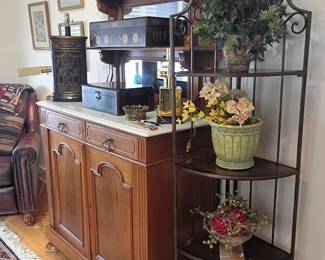 Wooden etagere display shelf, clock, vases, floral arrangements, framed art, decorative lot