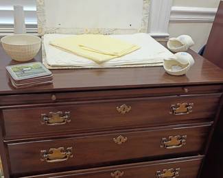 Cherry wood chest of drawers, brass bail pulls, traditional bedroom dresser, linens