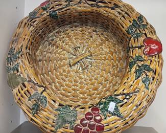 Woven wicker basket with painted fruit cherries, decorative kitchen basket
