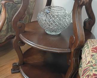 Vintage wooden accent side table, curved legs lower shelf, crystal glass bowl vase, traditional end table, antique parlor furniture