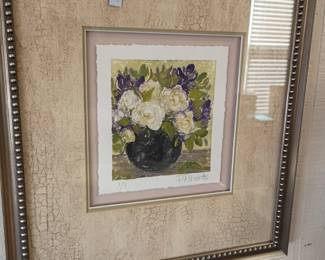 Framed floral still life print, beaded studded decorative frame, white purple flower bouquet artwork, matted wall art, home decor