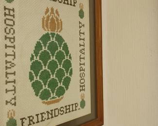 Framed cross stitch pineapple needlepoint, Friendship Hospitality sampler, green gold embroidery, vintage handmade wall art decor