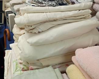 Linens lot, bed sheets towels blankets, white cotton bedding, bath towels, household textile lot, linen closet cleanout