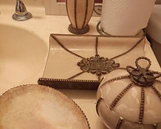 Vanity tray set, ornate decorative vase, vintage bathroom accessories, gold trim plate, elegant countertop decor lot