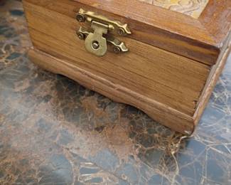 Carved wooden trinket jewelry box, brass latch clasp, ornate carved lid, vintage keepsake box, decorative wood storage box