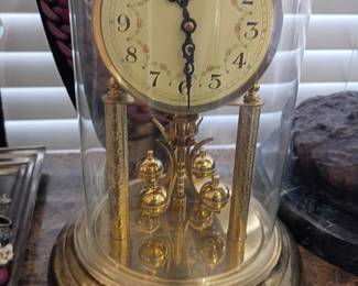 Brass anniversary clock glass dome, vintage 400 day torsion pendulum clock, gold mantel clock, antique rotating pendulum timepiece decor