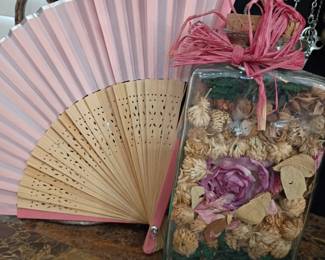 Decorative hand fan, seashell collection, costume jewelry and accessories