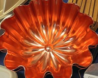 Orange amber art glass flower petal bowl, vintage carnival glass dish, metal colander strainer, retro kitchen glassware lot