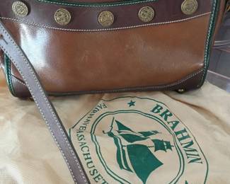 Brahmin leather handbag purse, brown crossbody shoulder bag brass buttons, designer bag with dust bag, luxury leather accessories, women's