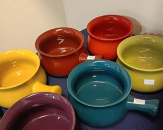 Colorful ceramic soup bowls with handles, Fiesta style, red yellow teal purple